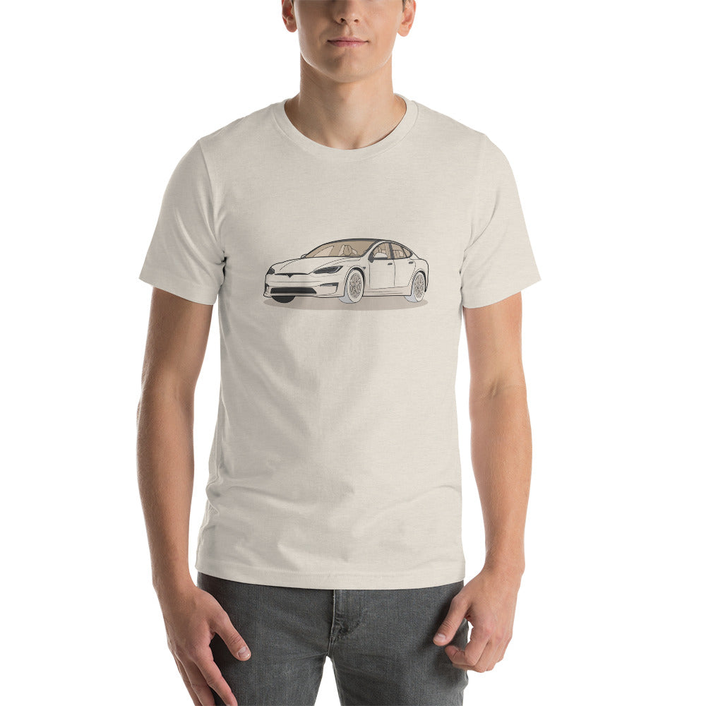 Model S Front View On Heather Dust Unisex T-Shirt