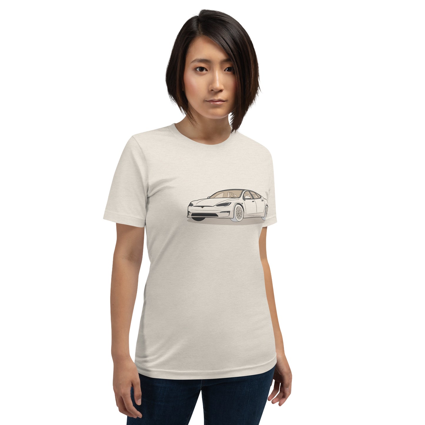 Model S Front View On Heather Dust Unisex T-Shirt