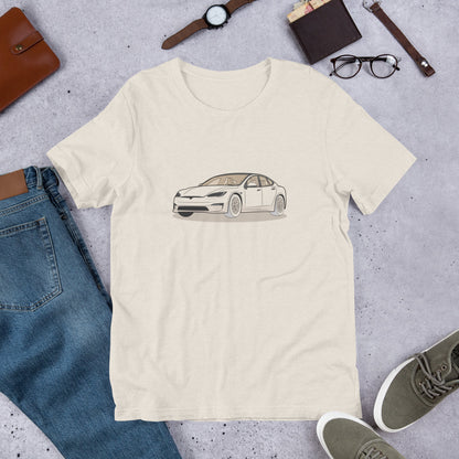 Model S Front View On Heather Dust Unisex T-Shirt