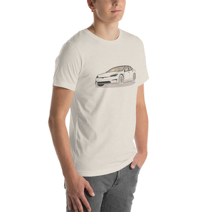 Model S Front View On Heather Dust Unisex T-Shirt